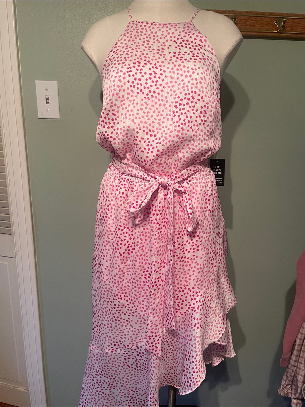 Pink Print Halter Dress with Waist Tie